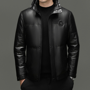 新款海宁真皮皮衣男士羽绒服鹅绒短款山羊皮夹克帅气立领加厚外套