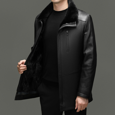 整貂内胆真皮皮衣男中长款山羊皮水貂毛皮毛一体貂皮大衣派克服厚