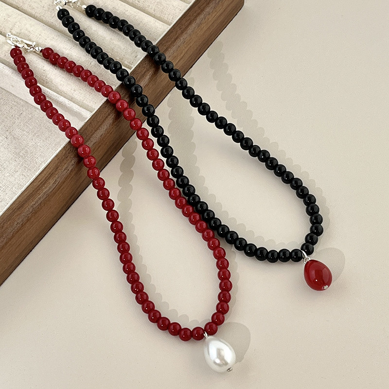 小众人造红玛瑙珍珠吊坠项链
