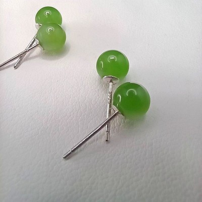 和田玉碧玉耳钉，碧玉圆珠耳钉，s925银镶嵌，6mm