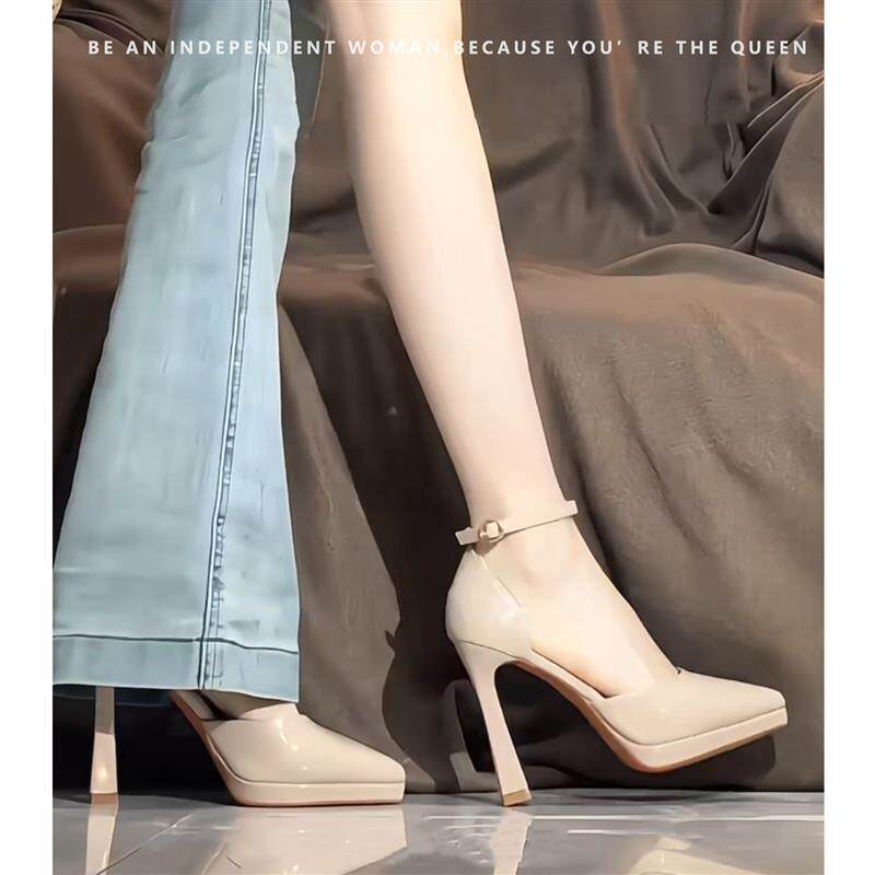 不累脚高跟鞋女高级感新款裸色中空防水台粗跟小个子百搭气质单鞋