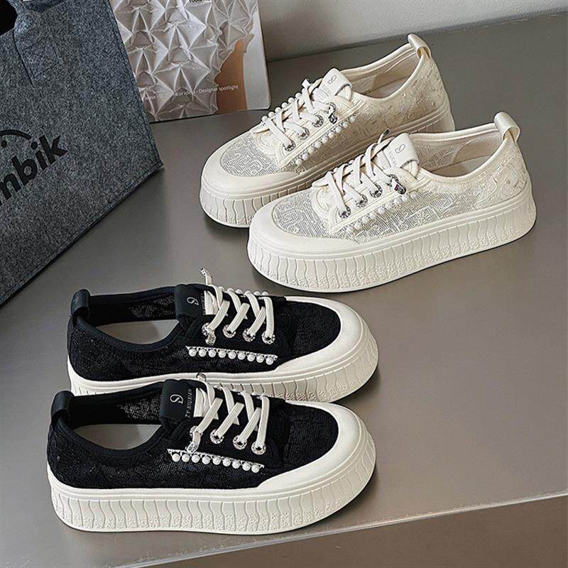 蕾丝网面渔夫鞋2026年新款夏季透气珍珠百搭厚底一脚蹬休闲饼干鞋