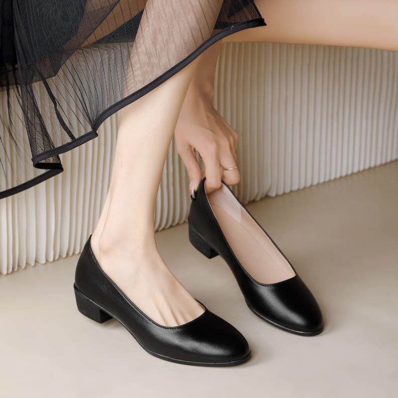 真皮单鞋女空姐工作鞋黑色2026年粗跟不累脚公务员职业面试高跟鞋