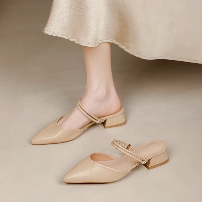 裸色尖头包头凉鞋女款2026新款夏季配裙子粗跟高跟两穿凉拖鞋外穿