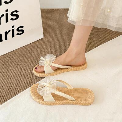 森系ins风蝴蝶结凉拖鞋女夏外穿配裙子海边度假仙女风沙滩一字拖