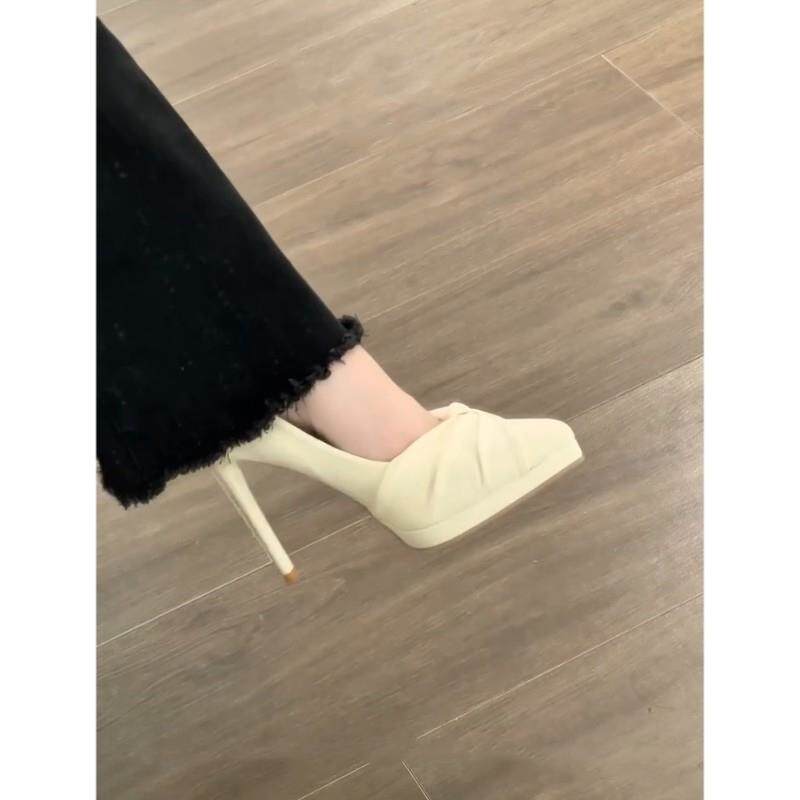 防水台米白色法式高级感高跟鞋女气质设计感褶皱配礼服细跟不累脚