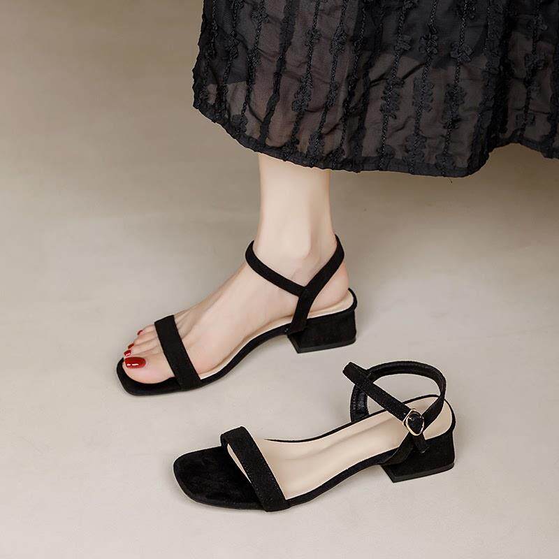 真皮凉鞋女夏季2026新款中跟粗跟一字带高跟鞋黑色不累脚软底女鞋