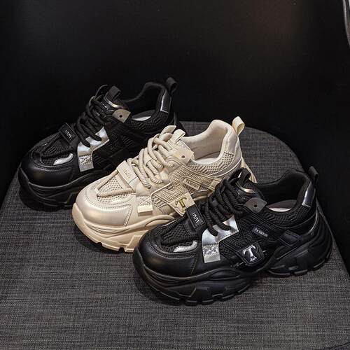 厚底真皮网面老爹鞋女2026夏季新款小个子增高轻便百搭运动休闲鞋