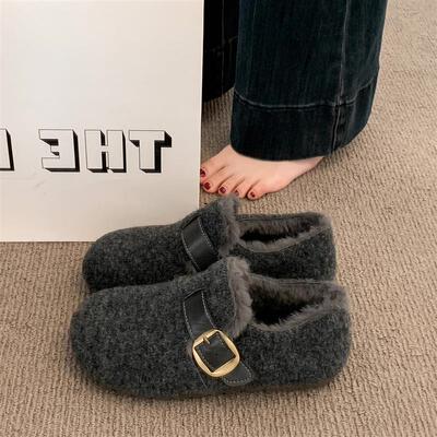 灰色两穿毛呢勃肯鞋女2025冬季新款百搭加绒保暖一脚蹬厚底棉鞋子