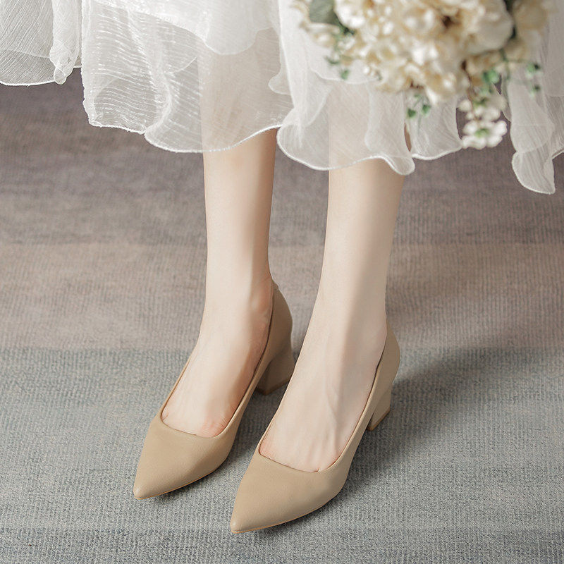 裸色单鞋女尖头粗跟面试职业通勤气质工作鞋舒适软底高跟鞋不累脚