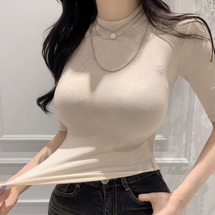 正肩打底纯色上衣 五分袖 性感半高领收腰弧形下摆薄款 T恤女秋修身