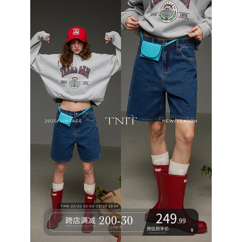 TNIT 复古后口袋字母刺绣牛仔短裤女春季高腰休闲中裤阔腿五分裤