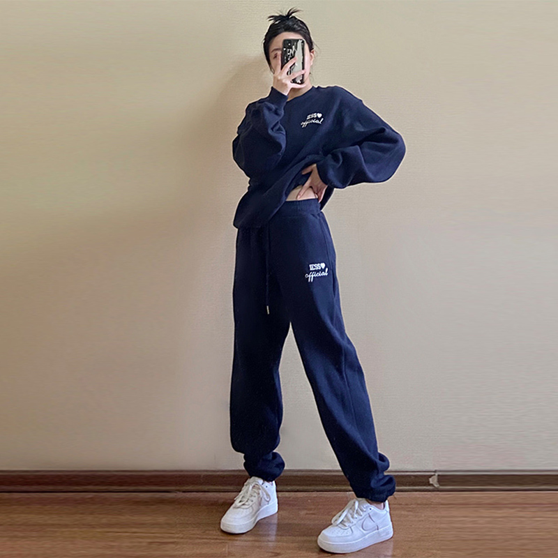 时尚休闲运动套装女2023年秋冬新款宽松加绒加厚厚棉T两件套