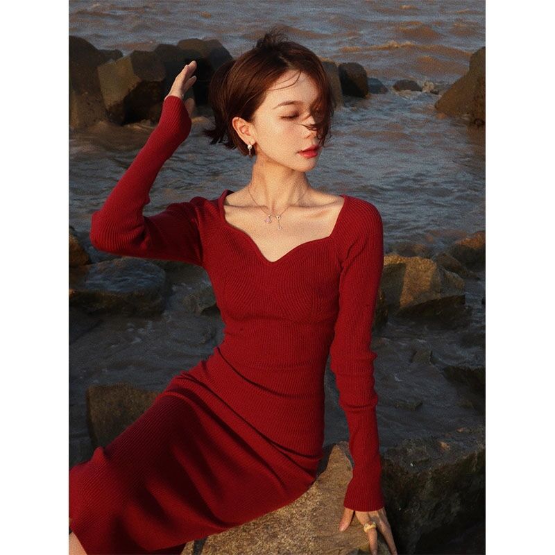 FAshi 轻熟修身包臀红色针织洋装女过膝毛衣裙气质显瘦打底裙子