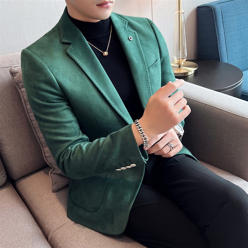 麂皮绒西装外套男春秋季高级感单西上衣商务正装修身英伦休闲西服