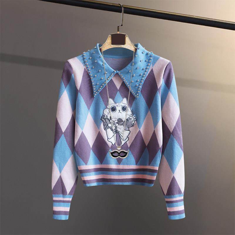 潮牌复古刺绣小猫咪针织衫女2025春季菱格撞色娃娃领长袖套头上衣,女装/女士精品,毛针织衫,淘宝优惠券,粉丝福利购,淘宝优惠卷