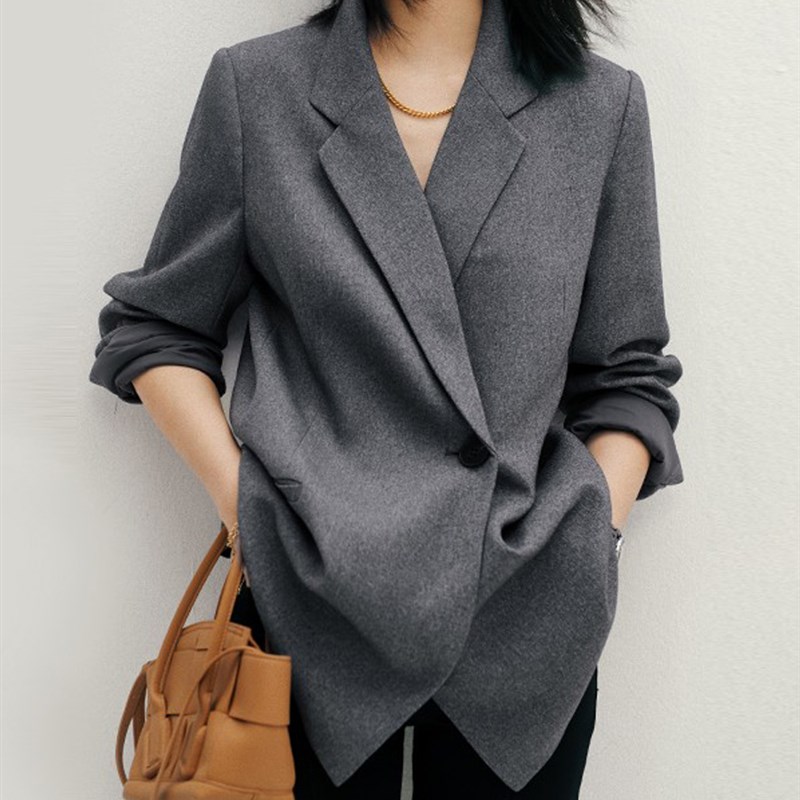 女士大码西装外套女装春秋职业宽松休闲小西服上衣灰色 秋冬西服
