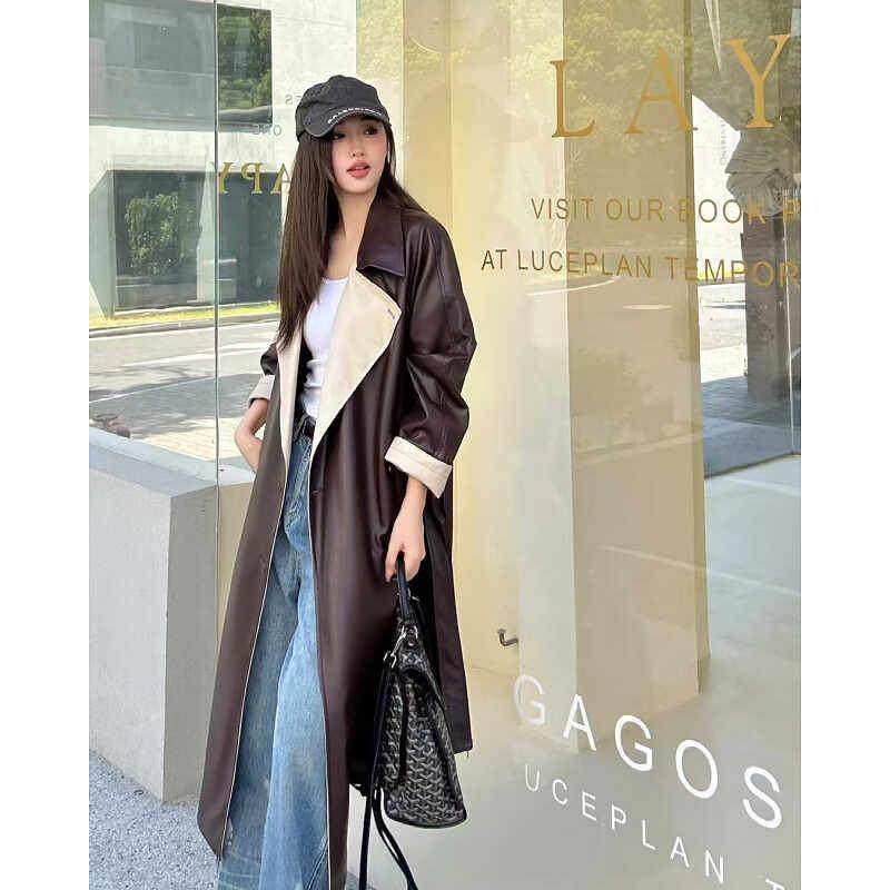 韩国轻奢质感撞色洋气长款皮衣风衣时尚欧美女神范拼色大衣外套秋,女装/女士精品,皮衣,淘宝优惠券,粉丝福利购,淘宝优惠卷