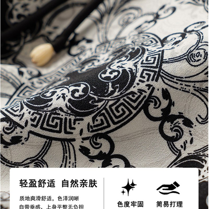 中式覆古圆领七分袖印花雪纺衬衫女2025新款夏季漂亮国风小衫上衣