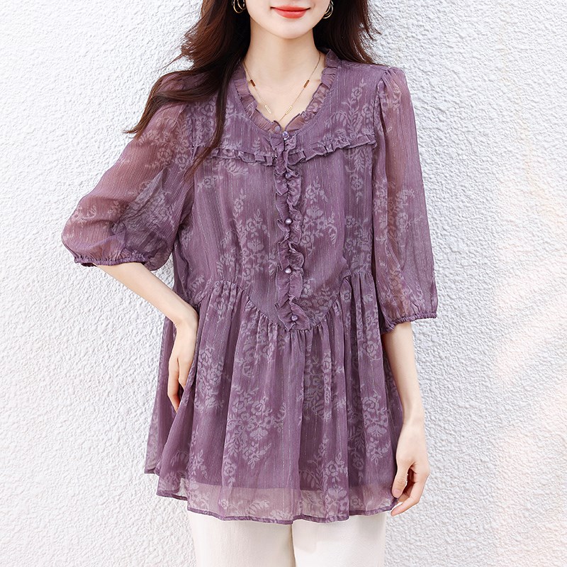 温柔气质木耳边印花雪纺衫女夏季新款2025年大码宽松减龄圆领上衣