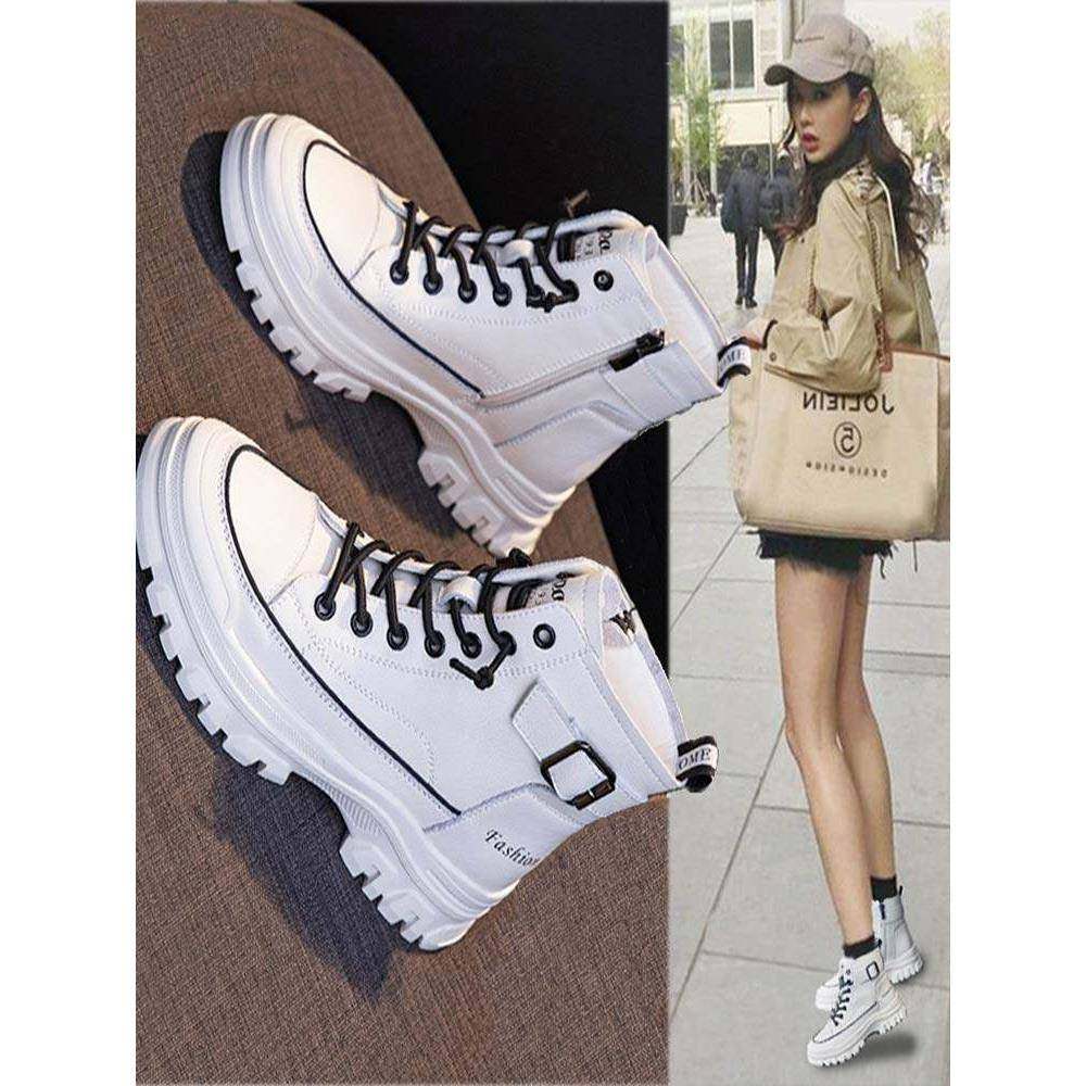 2024秋冬新款英伦风格女鞋羊毛衬里短靴高帮白鞋百搭靴,女鞋,马丁靴,淘宝优惠券,粉丝福利购,淘宝优惠卷