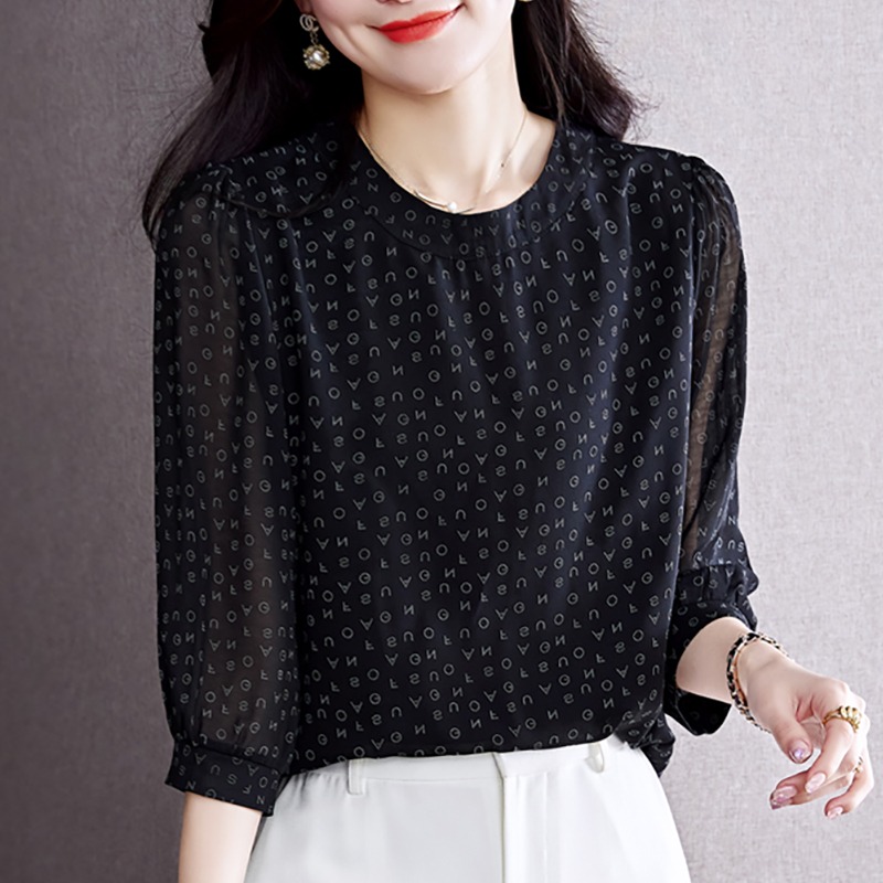黑色雪纺衬衫女夏季新款字母印花圆领七分袖上衣薄款大码宽松衬衣