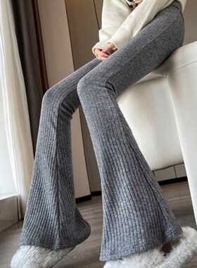 SPYB灰色加绒微喇叭裤女秋冬季新款高腰显瘦针织拖地条绒马蹄裤子