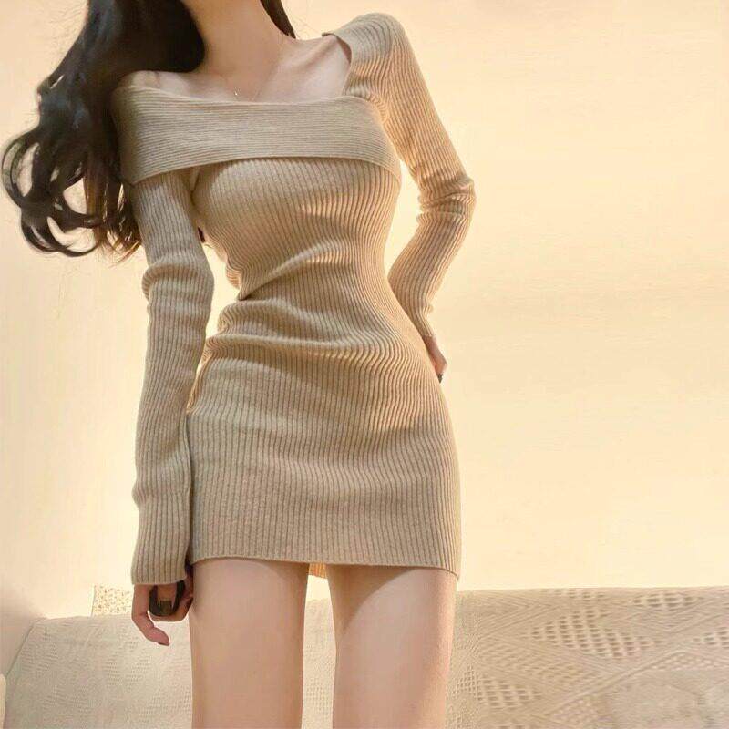 欧洲站秋装女2025新款性感一字肩修身包臀裙小个子长袖针织连衣裙