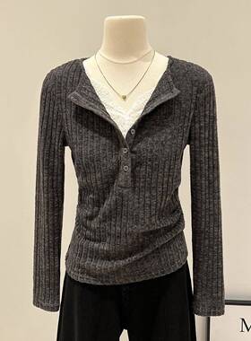 韩国Honey koko⭐深灰色半开领蕾丝拼接打底小衫女春秋季收腰T恤