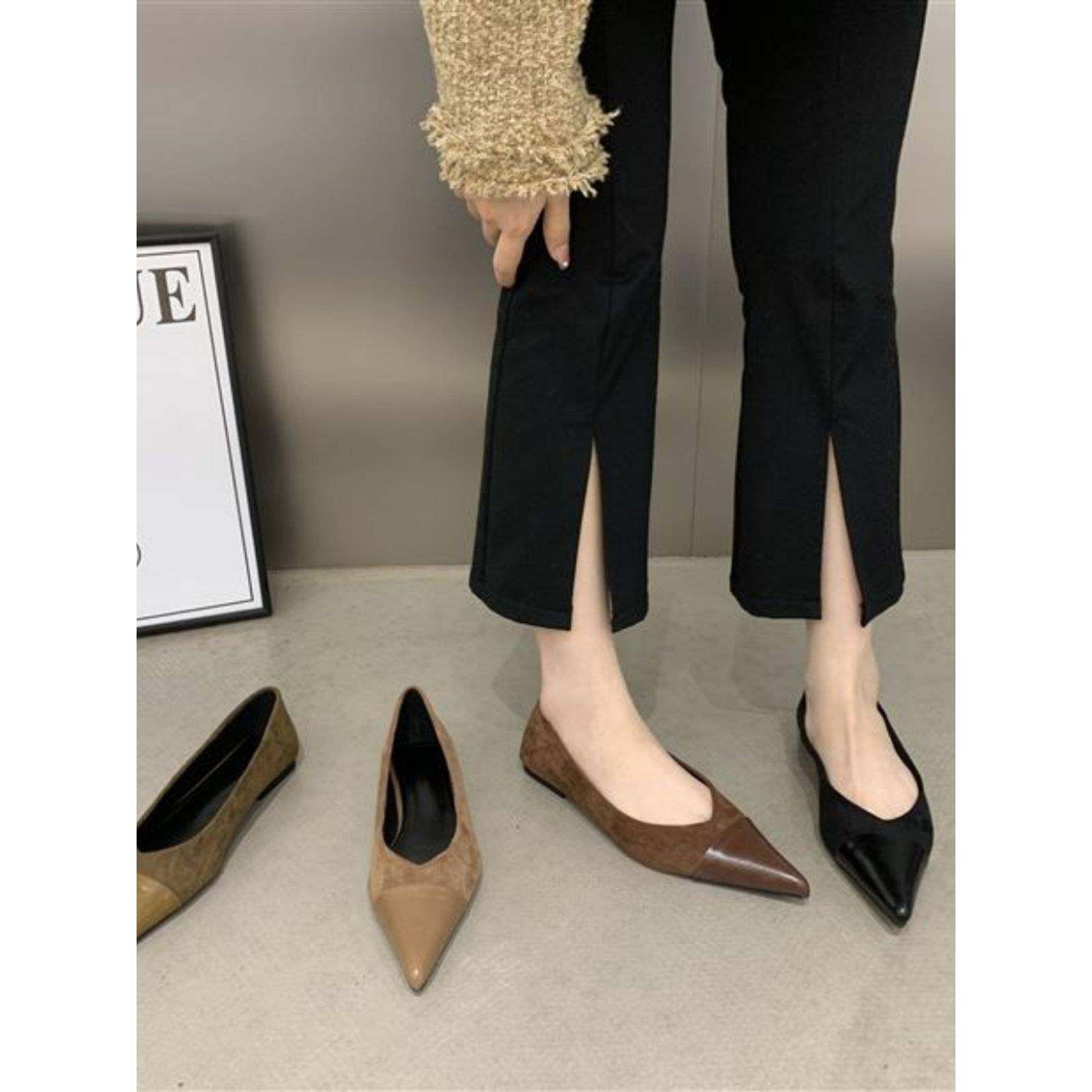 潮牌小尖头拼接通勤办公室平底鞋女低跟2025秋季新款时尚百搭单鞋,女鞋,浅口单鞋,淘宝优惠券,粉丝福利购,淘宝优惠卷