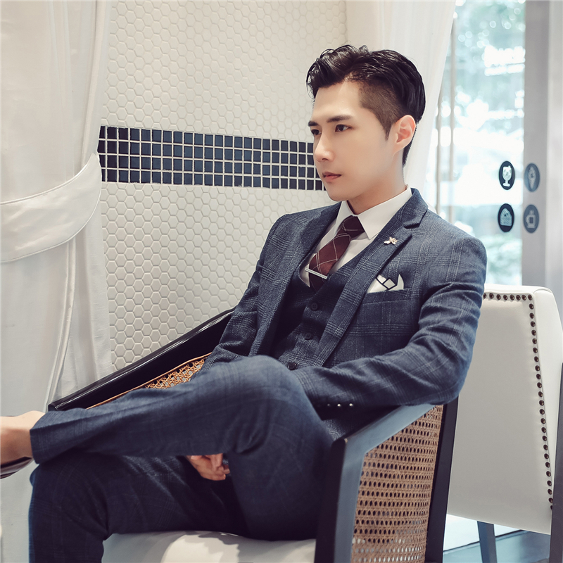 格子西装男套装修身韩版新郎结婚礼服商务免烫正装英伦西服三件套