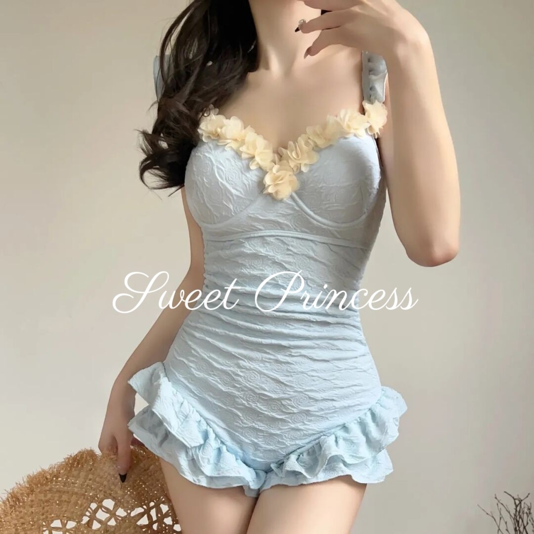 「甜心」纯欲少女baby蓝保守学生带钢托遮肉连体温泉度假连体泳衣