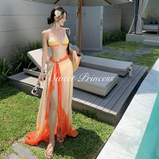 「落日裙摆」泰式辣妹绝美比基尼三件套海边度假渐变雪纺拖地长裙