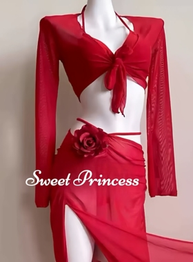 「红红火火」红色辣妹比基尼四件套小胸长袖海边温泉度假泳衣