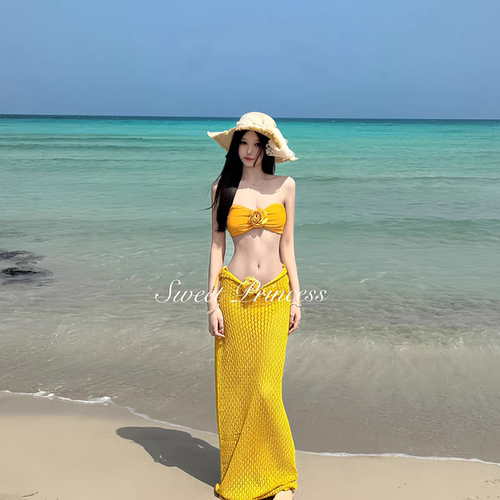 「泰国氛围」比基尼花朵性感针织罩衫泳衣三件套海岛度假温泉泳衣