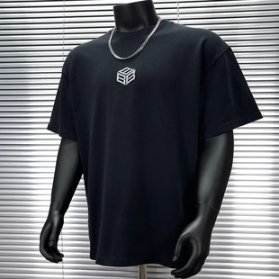 300克重磅水洗英文字母刺绣纯棉短袖T恤美式小领口宽松大码潮半袖