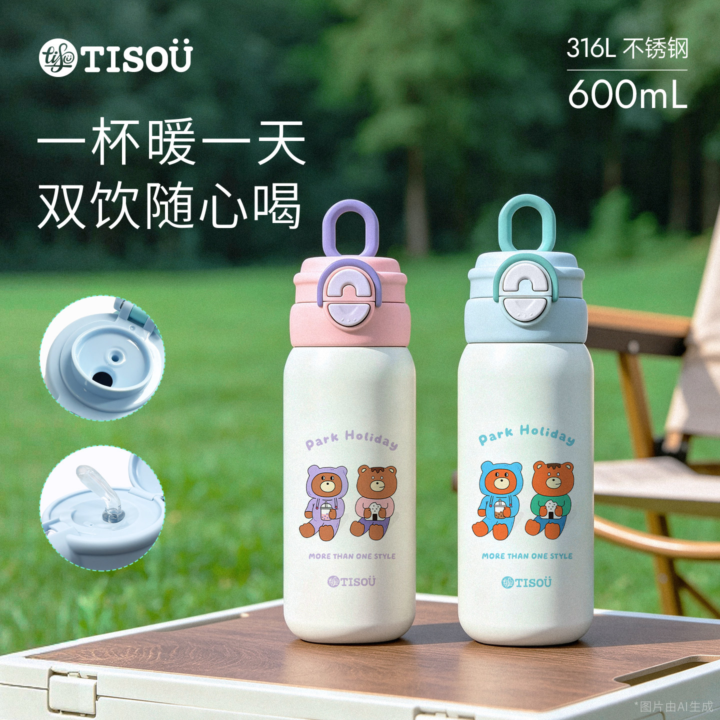 TISOU爱婴小铺儿童保温杯不锈钢吸管直饮双口饮水杯学生外出水壶