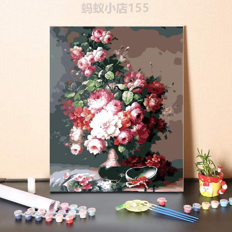 油彩欧式丙烯花卉?diy画画装饰油画涂色复古手工填充客厅数字手绘图片