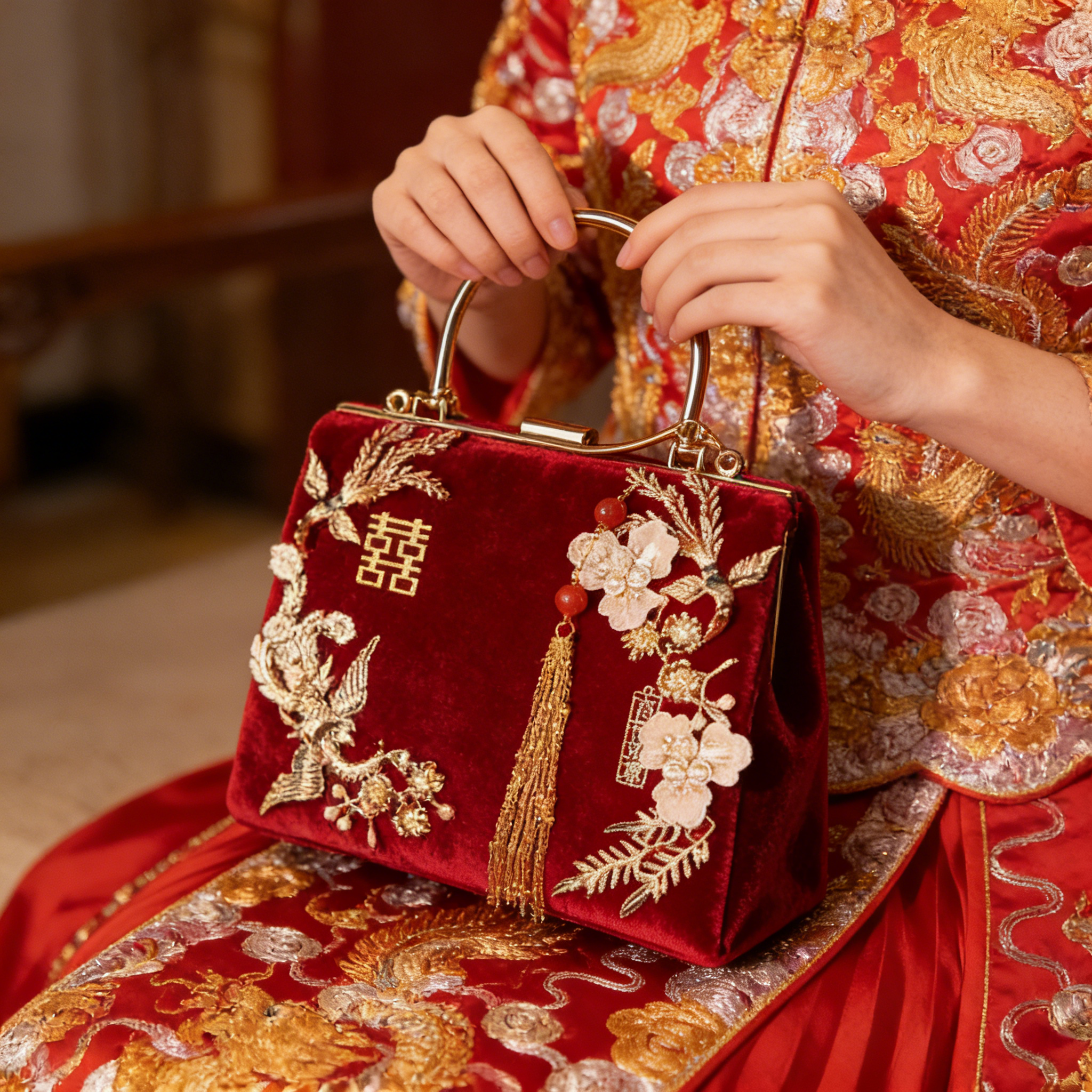 女士结婚红色包包DIY手工中国风秀禾结婚3红色包包古风斜挎旗袍手