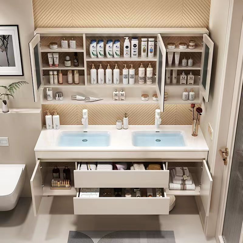 热销轻奢陶瓷一体双盆实木智能浴室柜挂墙式洗手盆卫生间洗漱柜台