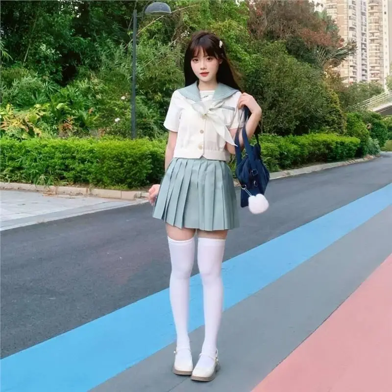 甜美日系学院风制服套装夏季绿色水手服衬衫高腰百褶短裙