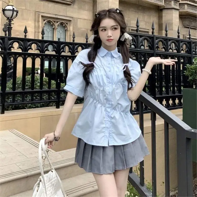学院风jk衬衫女甜美蓝色休闲新中式短袖衬衣高腰百褶裙子两件套装