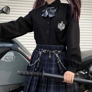 原創jk制服日系春秋季 寬松長袖 黑色襯衫 銀色刺繡夏女JK 基礎款