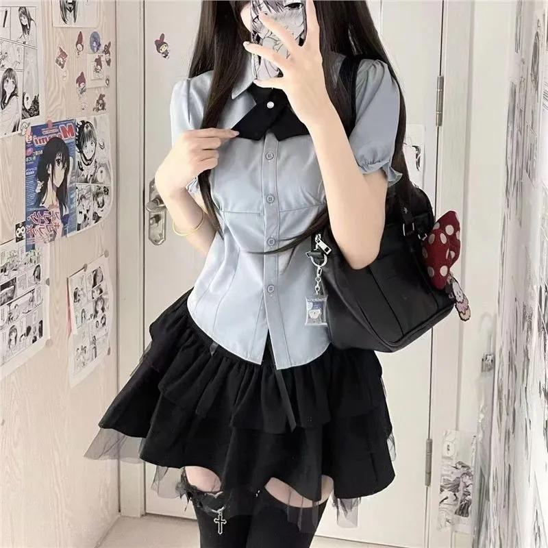 套装日系学院风jk制服女短袖衬衫收腰纯欲风蓬蓬蛋糕短裙子两件套