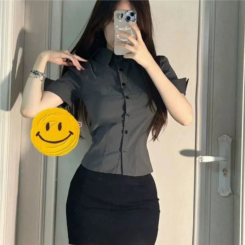 修身衬衫新款收腰辣妹制服褶皱夏季上衣衬衣短袖套装工作服两件套