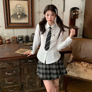 收腰学院风修身 白色制服长袖 上衣刺绣潮流衬衣 原创JK衬衫 早秋新品