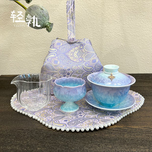 轻孰窑变结晶釉青紫渐变三才盖碗便携套组布包户外泡茶碗喝茶套装