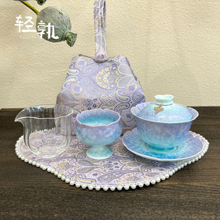 轻孰窑变结晶釉花口盖碗一人饮套组青紫渐变泡茶碗喝茶套装不烫手