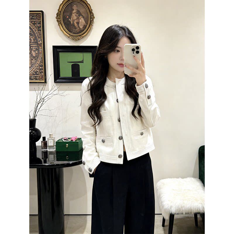 现货中古小香白色牛仔外套女气质千金风明线撞色短款夹克开衫上衣
