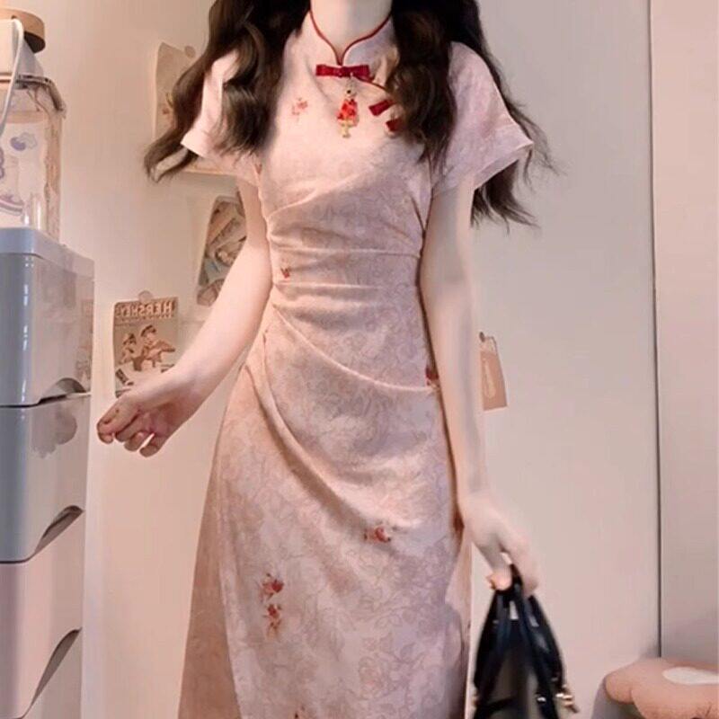 新中式女装国风粉色改良旗袍连衣裙女夏季高级感独特漂亮掐腰长裙